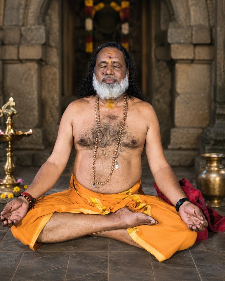 Guruji Shri Ragu Veeranandha Ji seated in meditation at a temple shrine