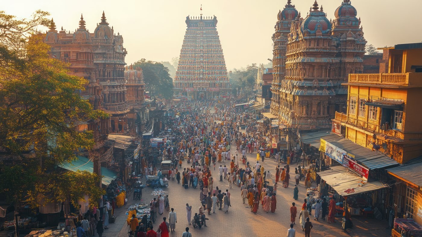 Pilgrims filling a temple street at dawn